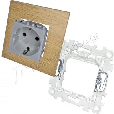 Πρίζα Σούκο Ασφαλείας 16Α 250V Ασημί με Στήριγμα Διπλό 2Μ και Πλαίσιο 2 Θέσεων 2Μ Φυσικό Δρύς INO-Series LINEME 50-00413-10_50-01400-1_50-00421-27