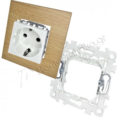 Πρίζα Σούκο Ασφαλείας 16Α 250V Λευκή με Στήριγμα Διπλό 2Μ και Πλαίσιο 2 Θέσεων 2Μ Φυσικό Δρύς INO-Series LINEME 50-00413-1_50-01400-1_50-00421-27