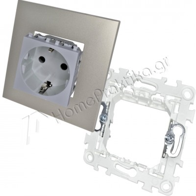 Πρίζα Σούκο Ασφαλείας 16Α 250V Ασημί με Στήριγμα Διπλό 2Μ και Πλαίσιο 2 Θέσεων 2Μ Σαμπανιζέ INO-Series LINEME 50-00413-10_50-01400-1_50-00421-28