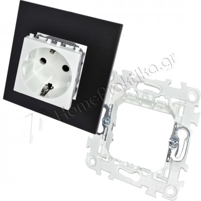 Πρίζα Σούκο Ασφαλείας 16Α 250V Λευκή με Στήριγμα Διπλό 2Μ και Πλαίσιο 2 Θέσεων 2Μ Μαύρο INO-Series LINEME 50-00413-1_50-01400-1_50-00421-2