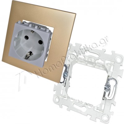 Πρίζα Σούκο Ασφαλείας 16Α 250V Ασημί με Στήριγμα Διπλό 2Μ και Πλαίσιο 2 Θέσεων 2Μ Χρυσό Ματ INO-Series LINEME 50-00413-10_50-01400-1_50-00421-9