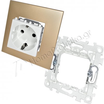 Πρίζα Σούκο Ασφαλείας 16Α 250V Λευκή με Στήριγμα Διπλό 2Μ και Πλαίσιο 2 Θέσεων 2Μ Χρυσό Ματ INO-Series LINEME 50-00413-1_50-01400-1_50-00421-9