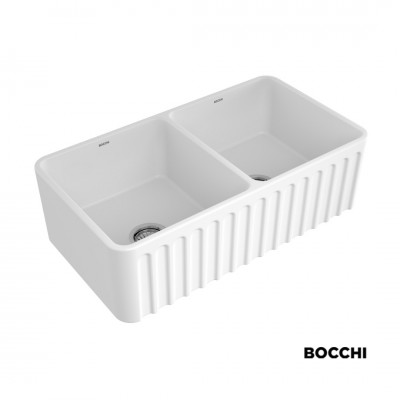 Νεροχύτης Κουζίνας Πορσελάνης Επικαθήμενος 2 Όψεων Αυλακωτή και Επίπεδη 84x46 Bocchi White Γυαλιστερό 1601-300 Germany 