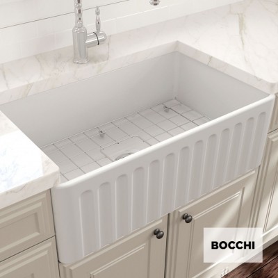 Νεροχύτης Κουζίνας Πορσελάνης Επικαθήμενος 2 Όψεων Αυλακωτή και Επίπεδη 76x46 Bocchi White Matt 1602-301 Germany 