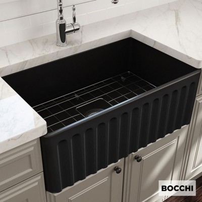 Νεροχύτης Κουζίνας Πορσελάνης Επικαθήμενος 2 Όψεων Αυλακωτή και Επίπεδη 76x46 Bocchi Black Matt 1602-401 Germany 