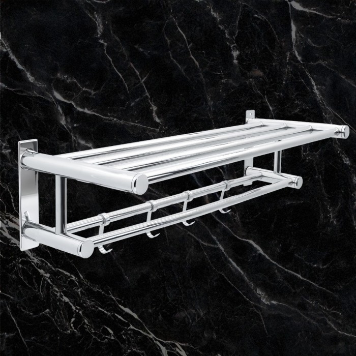 Ραφιέρα - Πετσετοθήκη Επιτοίχια με 3 ράβδους Πετσετών και 5 Γάντζους Χρώμιο Conset C1599-600S04S04