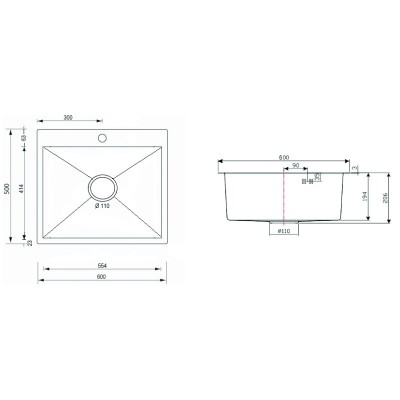 Ανοξείδωτος Νεροχύτης Επικαθήμενος STAINLESS STEEL 6050B VΙSΙΟΝ ΝΑΝΟ ΒLΑCΚ Sanitec 60Χ50 1V  