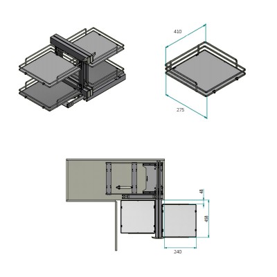 Μηχανισμός κουζίνας με φρένο για τυφλό ντουλάπι Inoxa Compact2 Elite 839BE για πόρτα 45cm σε χρώμα Ανθρακί