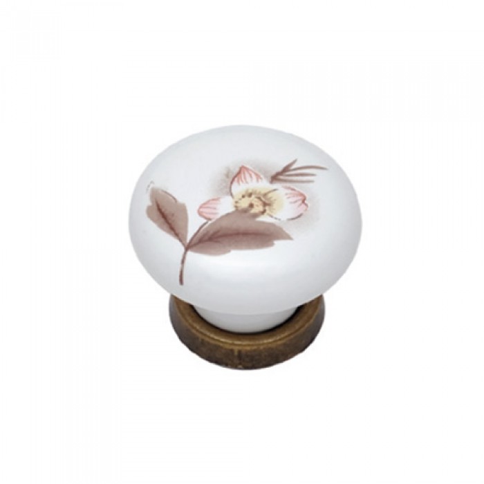Πόμολα επίπλων 2050με βάση σε Χρώμα Αντικέ Ορείχαλκου και Λευκή Πορσελάνη με Καφέ Λουλούδι