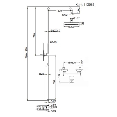 Στήλη ντους με Μπαταρία και κολώνα με ρυθμιζόμενο ύψος από 76cm - 137cm Eurorama Klint 142065-100