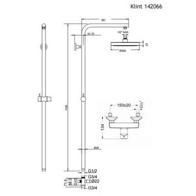 Στήλη ντους με Μπαταρία και κολώνα Σταθερού ύψους 110cm Eurorama Klint 142066-100