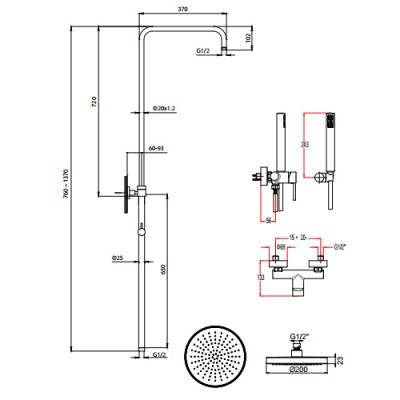 Στήλη ντους με Μπαταρία και κολώνα με ρυθμιζόμενο ύψος από 83cm - 144cm Eurorama Tonda 145065-100